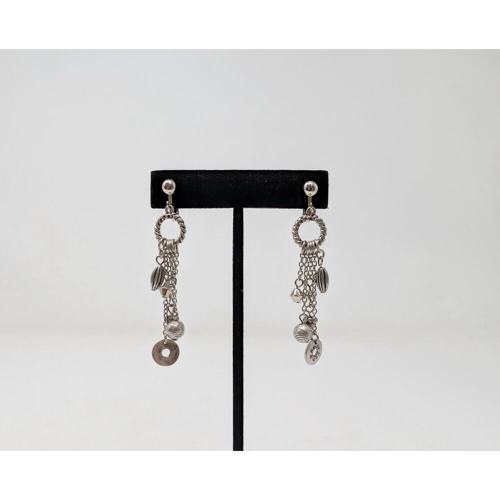 Silver Tone Dangle Chain Charm Clip On Bohemian Boho Earrings